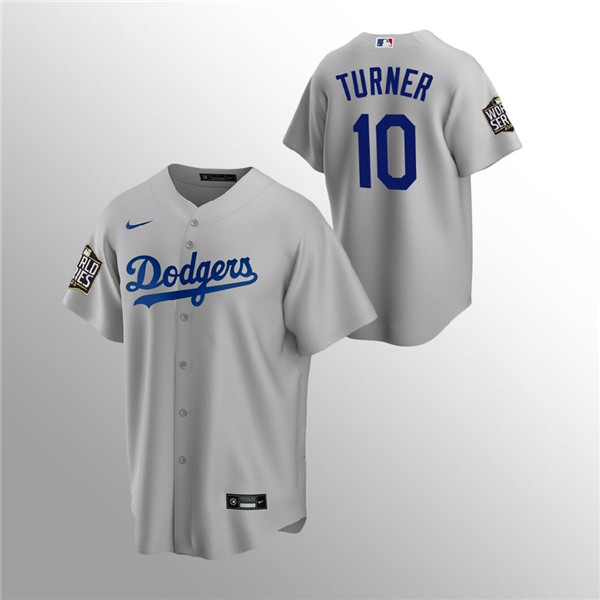 Men's Los Angeles Dodgers #10 Justin Turner Grey 2020 World Series Bound stitched MLB Jersey